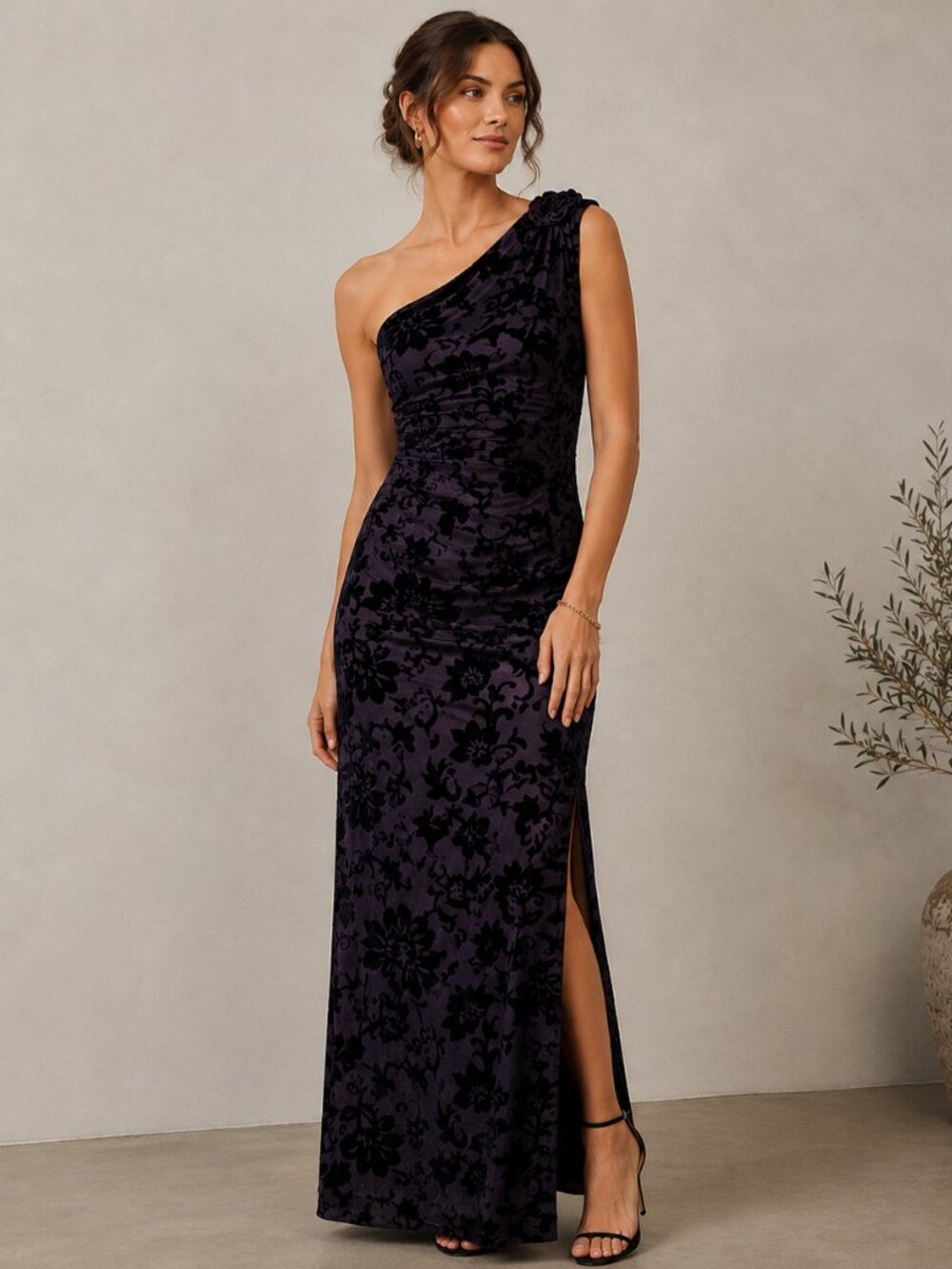 Velvet Burnout One Shoulder Maxi Dress 2 Purple Black Formal Evening Prom Y2K